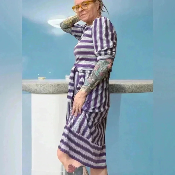 Vintage 80's,Gray & purple Striped,Midi Dress with 3/4 Sleeves-M - Picture 10 of 12